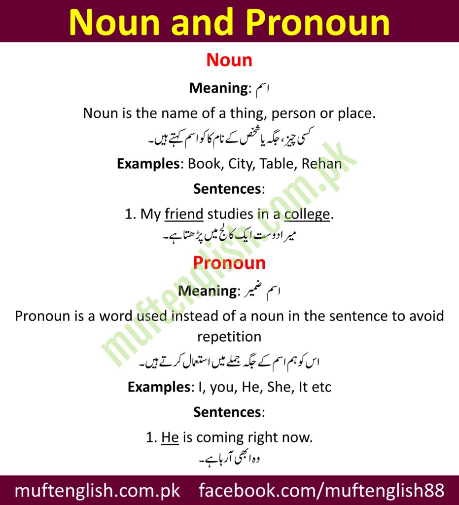 Noun and Pronoun with Examples and Urdu Meaning