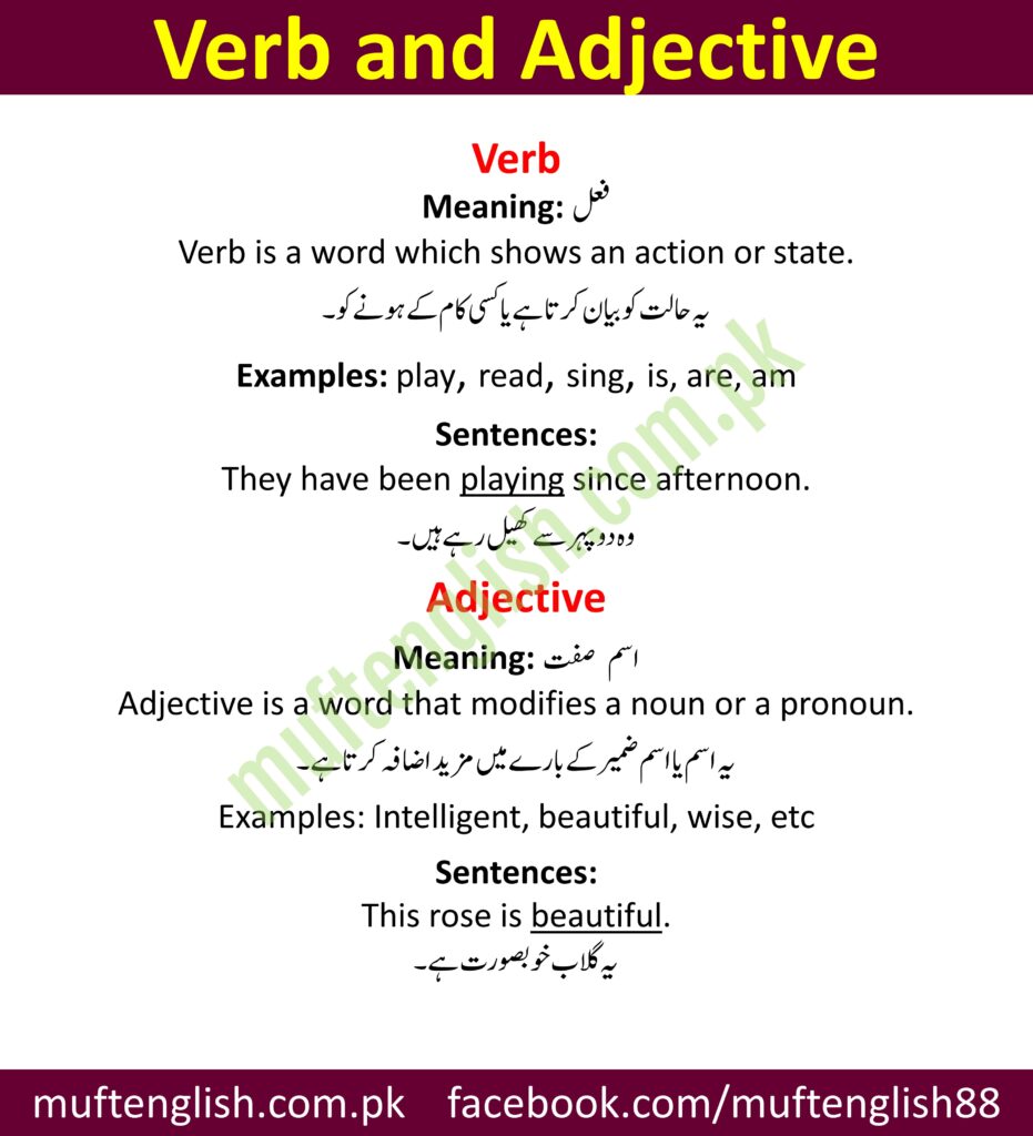 Verb and Adjective with Examples and Urdu Meaning