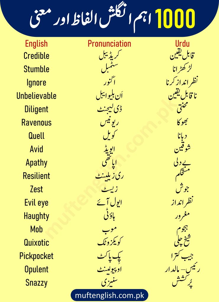 Advvanced English to Urdu Vocabulary